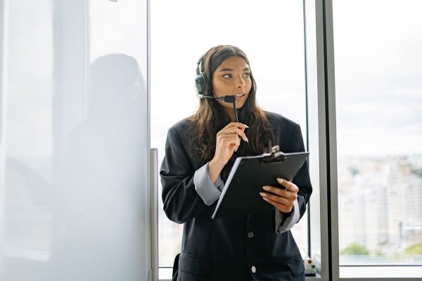 Remote call center agent handling customer calls