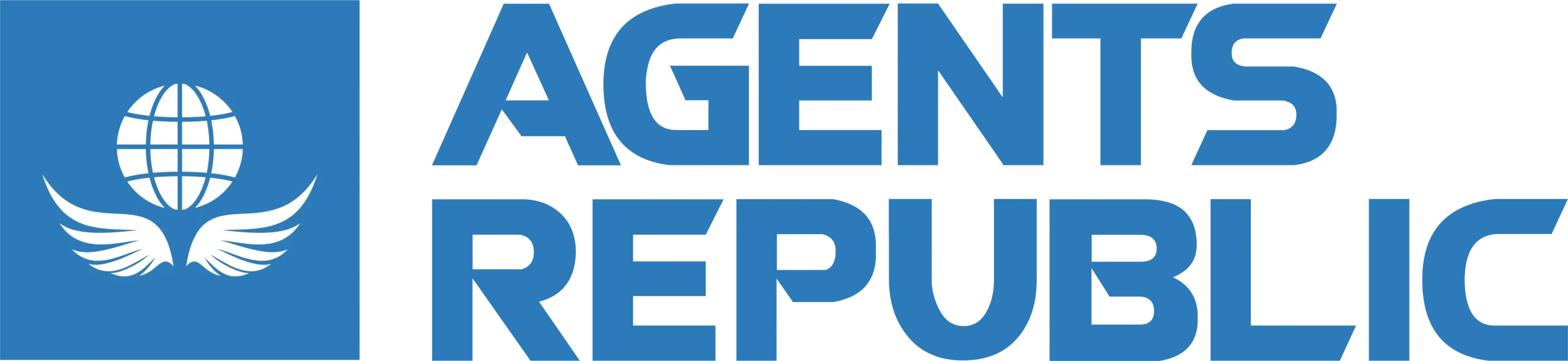 Agents Republic logo with globe and wings icon on blue text with background