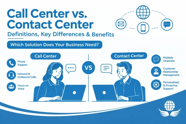 Agents comparing call center vs contact center support across phone, email and chat